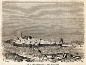 Widok Baku (Rosja, Azerbejdżan), rysunek Mr.Moyneta, ilustrujący podróż do wybrzeża Morza Kaspijskiego, w październiku 1858, Mr.Moynet. Grawerowanie w „”Le tour du monde, nouveau journal des voyages””Paryż