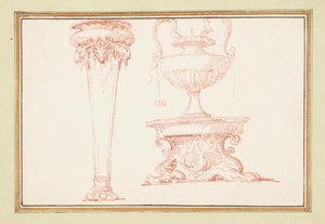 Oprawiony rysunek, wazon i lampa na stojaku, w Dessins d