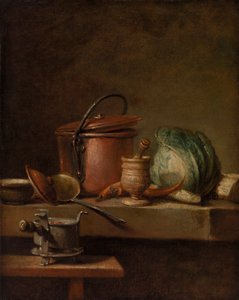 Martwa natura z miedzianym garnkiem, kapustą, tłuczkiem i piecem autorstwa Jean Baptiste Simeon Chardin