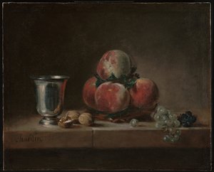 Martwa natura z brzoskwiniami, srebrnym kielichem, winogronami i orzechami włoskimi autorstwa Jean Baptiste Simeon Chardin