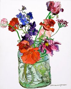 Delphiniums, Poppies  Others in Jar, 2011 (akwarela i tusz na papierze) autorstwa Jean Swan Gordon