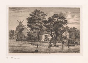 Widok angielskiej kamizelki w Antwerpii, na której zbierane są pnie drzew, w tle budynki i młyn Kamizelka angielska ukończona w 1867 r. (tytuł na obiekcie) autorstwa Jean Théodore Joseph Linnig