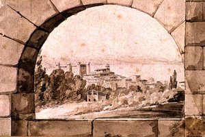 Widok na miasto i jezioro Bracciano, ok. 1810 r. (pióro i atrament sepia z myciem sepii na papierze) autorstwa Jean Thomas Thibault