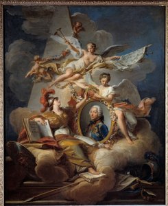 Alegoryczny portret Ludwika Karola Augusta Fouquet, księcia Belle Isle, marszałka Francji (1684-1761). Malowanie w obrazie. Obraz Jeana Valade (1709-1787) 1758 Nd. 1x0,8m²
