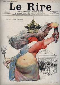 Nowy pokój - Marianne z twarzą zakrytą frygijską czapką - Marianne ubrana w sukienkę z dwóch części: z jednej strony czerwonej, az drugiej strony ozdobionej liliami - (karykatura nawiązuje do podziału politycznego na republikanów i monarchistów ) - drawi