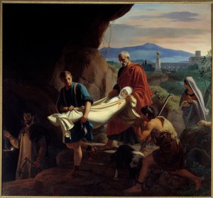Pogrzeb młodej chrześcijanki w katakumbach w Rzymie w czasie prześladowań. Obraz Victora Schnetza (1787 - 1870)