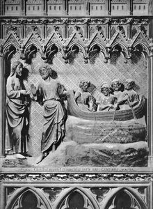 Katedra, wnętrze, ekran chóru, Jezus Chrystus ukazujący się na Jeziorze Tyberiadzkim, cudowny połów ryb, ok. 1340-51 (kamień polichromowany)