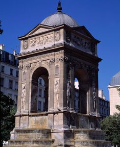 Architektura: widok na fontannę Niewiniątek. Zaprojektowany przez architektów Jean Goujon, Augustin Pajou i Pierre Lescot. 1546-1549. Plac Joachima du Bellaya, Paryż.