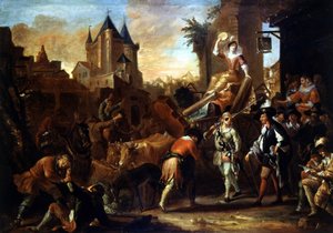Przybycie komików do Le Mans Painting ilustrującego „Komiks rzymski” Paula Scarrona (1610-1660). Obraz Jean-Baptiste (Jean Baptiste) Coulom (lub Coulon) (ok. 1695-1735)
