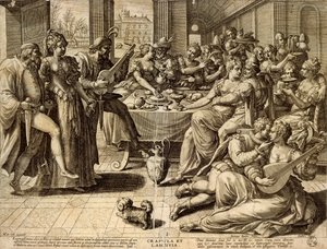 Dinner by Jan Sadeler I (1550-1600), engraving