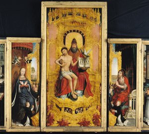 Poliptyk Gloryfikacja Trójcy Świętej, płycina środkowa przedstawiająca Trójcę, Marię i św. Jana Chrzciciela, ok. 1509-16