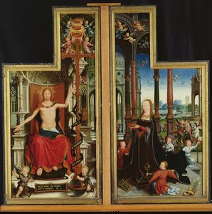 Poliptyk Gloryfikacja Trójcy Świętej, panele przedstawiające Chrystusa na tronie i Matkę Boską, 1509-15 autorstwa Jean the Elder Bellegambe