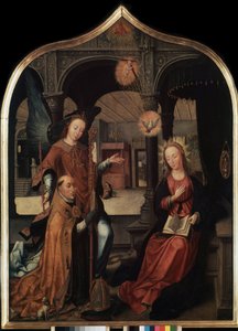 „Reprezentacja Zwiastowania z patronem Guillaume Brukseli” Panel centralny tryptyku Zwiastowania (Zwiastowanie). Obraz na drewnie Jeana Bellegambe Starszego (1470-1534) Sankt Petersburg, Ermitaż