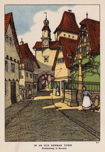 W starym niemieckim mieście Rothenburg w Bawarii (kolorowa litografia) autorstwa Jenny Wylie