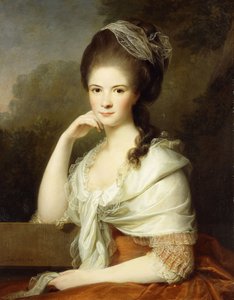 Portret damy siedzącej do połowy długości, ubranej w brązową sukienkę i biały szal, 1778 autorstwa Jens Juel