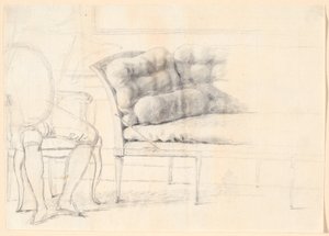 Studium do portretu rodziny Holmskioldów z 1787 r.: tapicerowana sofa, a po lewej krzesło z nakreśloną postacią Holmskiolda autorstwa Jens Juel