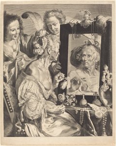 Stara kobieta przy toaletce autorstwa Jeremias Falck after Johann Liss after Bernardo Strozzi