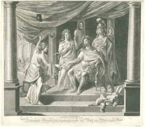Alegoria na Zgromadzeniu Narodowym, 1796 Symboliczny druk artystyczny w Zgromadzeniu Narodowym reprezentujący naród holenderski (tytuł na obiekcie) autorstwa Jeremias Snoek