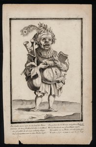 Mężczyzna niosący zestaw dud i ubrany w nakrycie głowy z pawich piór, surrealistyczny nadruk kostiumu, c1700 (grawerunek) autorstwa Jeremias Wolff