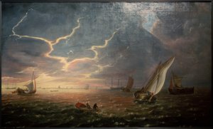 Żaglowce na wzburzonym morzu o zachodzie słońca autorstwa Jeronimus van Diest