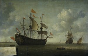 Przybycie Royal Charles Przybycie angielskiego okrętu flagowego „Royal Charles” w Hellevoetsluis, schwytanego podczas holenderskiego nalotu na Medway, czerwiec 1667 autorstwa Jeronymus van Diest (II)