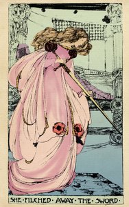 A Fada Morgane rouba a Excalibur para sua amante usá-la contra o Rei Arthur. Ilustração de Jessie Marion King (1875-1949) para o livro “" The High History of the Holy Grail by Perceval the Welsh, knight of the round table” de Sebastian Evans (1830 polonês