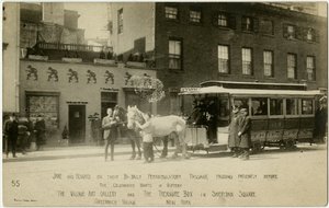 Jane i Howard na swoim wędrownym przejściu dwa razy dziennie, cierpliwie zatrzymując się przed słynnymi targowiskami darów The Village Art Gallery i The Treasure Box na Sheridan Square, Greenwich Village, Nowy Jork, USA autorstwa Jessie Tarbox Beals