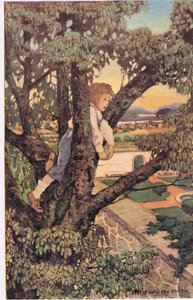 Chłopiec na drzewie, z „Ogrodu Dziecka wersetów” Roberta Louisa Stevensona, opublikowana w 1885 r. (kolor lito) autorstwa Jessie Willcox Smith