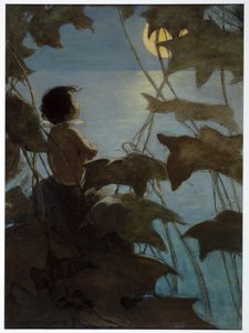 Spojrzał na szeroki żółty księżyc i pomyślał, że ona patrzy na niego, z pubu The Water Babies Charlesa Kingsleya. 1916 (kolor lito) autorstwa Jessie Willcox Smith