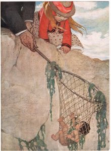 Tomek zaplątany w sieć rybacką, ilustracja z „Wodnych dzieci” wielebnego Charlesa Kingsleya (kolor lito) autorstwa Jessie Willcox Smith
