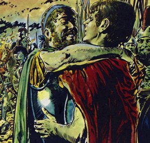 Aleksander dołączył do swojego ojca w bitwie przeciwko Grekom (kolorowa litografia) autorstwa Jesus Blasco
