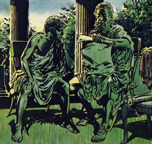 Filip pozyskał usługi Arystotelesa, by ten nauczał jego syna (kolorowa litografia) autorstwa Jesus Blasco