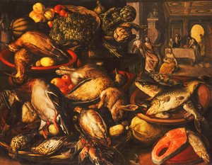 Dziczyzna, ryby, owoce i warzywa w koszach i miskach w spiżarni, 1569 autorstwa Joachim Beuckelaer