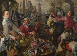 Cztery Żywioły: Stajnia z drobiem w mieście z synem marnotrawnym za nim - Alegoria Powietrza, 1569 autorstwa Joachim Beuckelaer