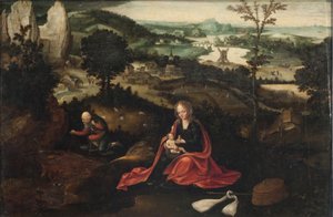 Odpoczynek podczas lotu do Egiptu (olej na panelu) autorstwa Joachim Patinir