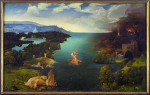 Przejście Styks Charon (Caron) na jego łodzi w Zaświatach. Obraz Joachima Patinira (Skater) (1485-1524) (ec.flam.) Słońce 0,64x1,03 m Madryt, musee du prado