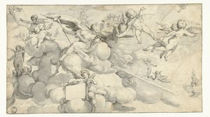 Putti i anioł z kartuszem autorstwa Joachim Wtewael (circle of)
