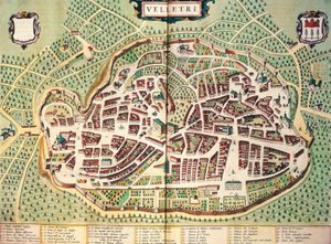 Mapa Velletri autorstwa Joana Blaeu, z teatru miast i cudów Włoch, grawerowana autorstwa Joan Blaeu