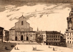 Bazylika San Petronio na Piazza Maggiore, Bolonia, Emilia-Romania, Włochy, miedzioryt, ok. 21x29 cm autorstwa Joan Blaeu