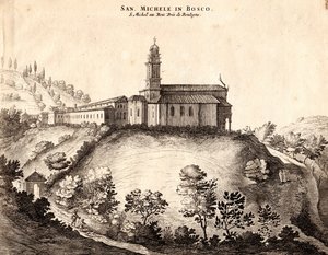 Widok klasztoru San Michele in Bosco, Bolonia, Emilia-Romania, Włochy, miedzioryt, ok. 21x29 cm autorstwa Joan Blaeu