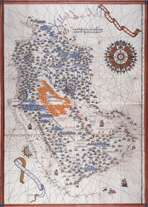 Mapa Półwyspu Arabskiego, z różą wiatrów i szczegółami portów i wybrzeży morskich, w Atlas de Joan Martines