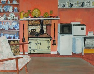 Kuchnia w domku, Red Cottage Studios, Suffolk z Rayburn, 2000, gwasz autorstwa Joan Thewsey