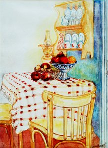 Wiejski Stół Kuchenny z Jabłkami, 2005,(akwarela) autorstwa Joan Thewsey