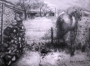 Koń odpoczywający nogę, 2000, (atrament na mokrym papierze ingresowym) autorstwa Joan Thewsey