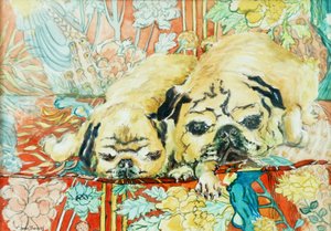 Mopsy na sofie z chińskim nadrukiem, 2000, autorstwa Joan Thewsey