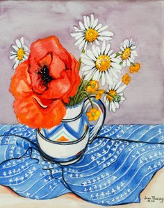 Czerwony mak orientalny i Marguerites w dzbanku Honiton, 2005, (farba wodna) autorstwa Joan Thewsey