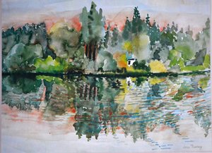 Jezioro o zachodzie słońca, Bremes les Ardres, 2000, autorstwa Joan Thewsey