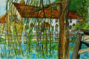 The Pond at Hedgerley (pióro i atrament z gwaszem na papierze) autorstwa Joan Thewsey