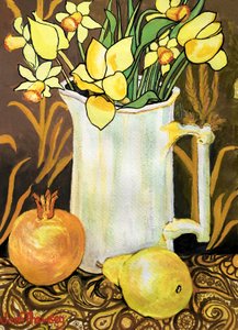 Tulipany i Żonkile w Białym dzbanku z tekstyliami, granatem i gruszką (akwarela) autorstwa Joan Thewsey