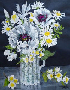 Białe maki, Marguerites i Philadelphus (gwasz) autorstwa Joan Thewsey